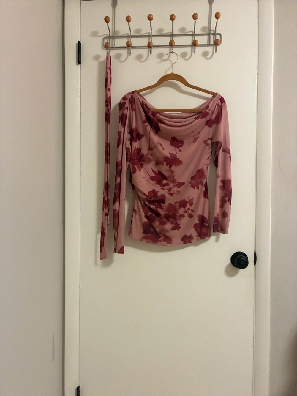 Women’s Pink Floral Draped Neck Long-Sleeve Top